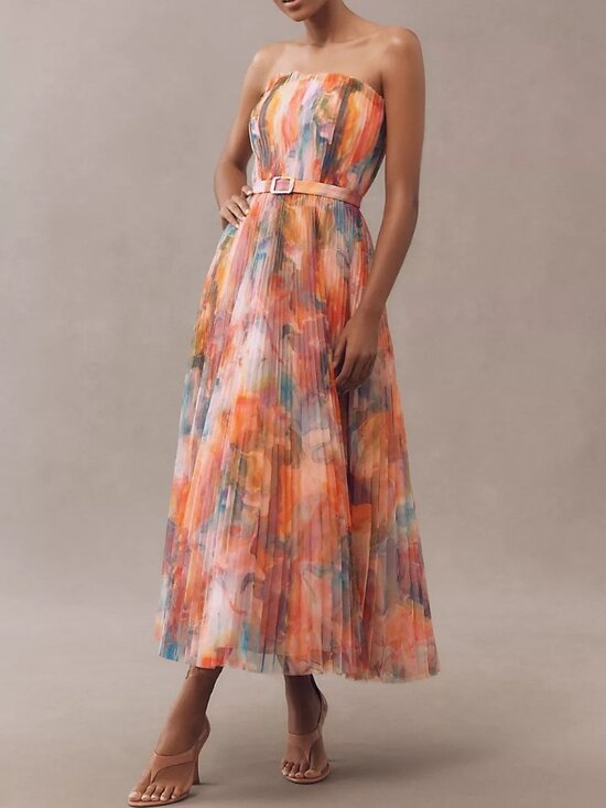 Anthropologie Dresses & Skirts - Anthropologie - Strapless Belted Chiffon Floral Micropleated  Dress - Size 10